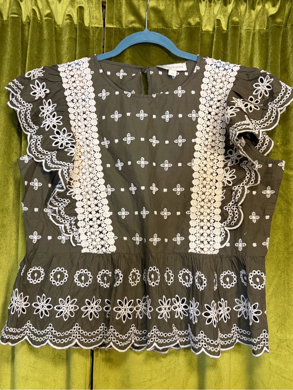 Jennifer & Grace Dark  Green w White Embroidery Ruffle Peasant Blouse Medium $69